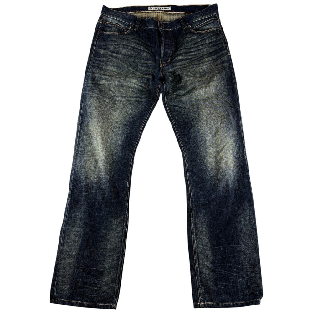 Express Jeans Denim Pants Mens 38x34 Dark Blue Washed Faded Straight Y2K